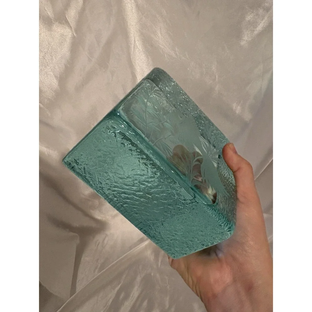 Etched Fish Paperweight Green Ice Block Signed Unique Carved Design